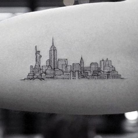 Sharp New York Skyline Male Tattoo Ideas New York City Tattoo Ideas For Men, Skyline Tatoos, New York Skyline Tattoo, Nyc Skyline Tattoo, Atheist Tattoo, Hockey Tattoo, Skyline Tattoo, New York Tattoo, Nyc Tattoo