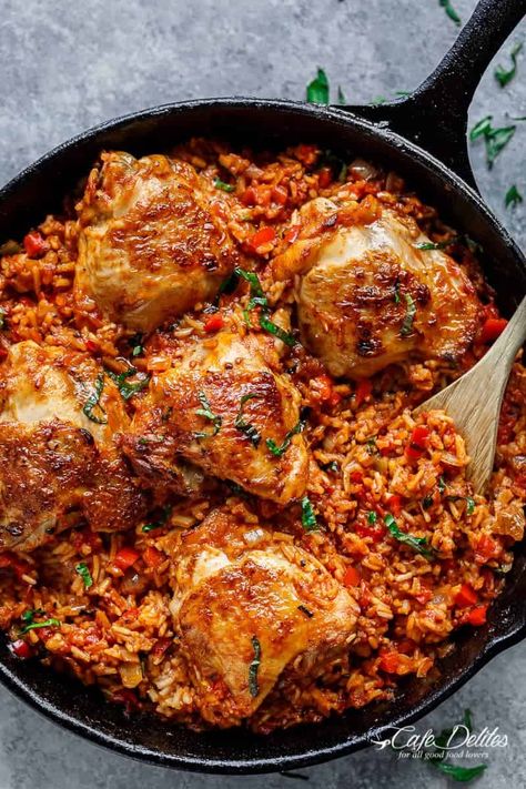 One Pan Tomato Basil Chicken & Rice - Cafe Delites Chicken Tomato Rice Recipe, One Pan Chicken Dinner, Basil Rice, Basement Paint, Food Savoury, Tomato Basil Chicken, Chicken Tomato, Rice Bake, Chicken Rice Recipes