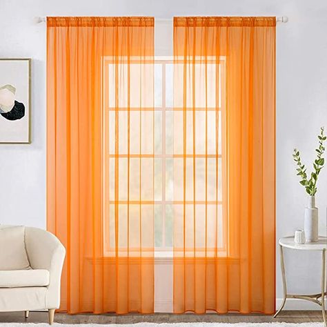 Orange Window Treatments, Orange Curtains, Voile Panels, Sheer Window Curtains, Sheer Curtain Panels, Fall Bedroom, Green Home Decor, Rod Pocket Curtain Panels, Living Room White