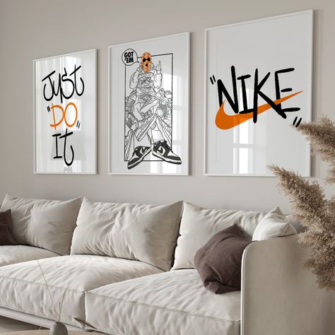 Orange Sneaker Wall Prints- Hypebeast Wall Art-Sneaker Poster-Orange Sneaker Art-Hypebeast Decor-Digital Download Nike Pictures For Wall, Orange Prints For Walls, Nike Themed Room, Men’s Wall Decor, Hypebeast Living Room Ideas, Sb Poster, Nike Room, Hypebeast Apartment, Sneakerhead Bedroom