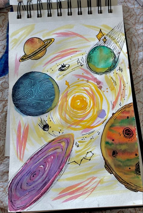 Planetas, planets, drawing, art, watercolour Water Color Sketch Book Idea, Planet Drawings, Planets Watercolor, Painting Planets, Planets Drawing, Artbook Ideas, Planet Sketch, Planet Watercolor, Space Watercolor