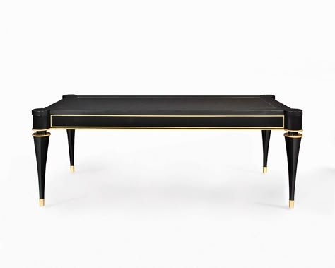 Part of Elissa Cullman’s debut Elliehome line of American-made furniture by the New Traditionalists, the Savi cocktail table cuts a glamorous figure in maple with a high-gloss black finish, gilt detailing, and brass feet. The 48" l. x 24" d. x 18" h. piece costs $8,000. thenewtraditionalists.com Neoclassical Furniture, Classic Coffee Table, Classical Furniture, Stanley Furniture, Classic Table, Best Furniture, Coffee Table To Dining Table, Hotel Furniture, Dining Table Design