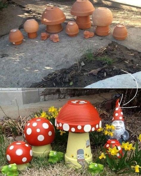 Mushroom Village, Art Mushroom, Garden Mushrooms, Flower Pot Crafts, Clay Pot Crafts, Garden Art Sculptures Diy, Glass Mushrooms, Garden Artwork, Mushroom Decor