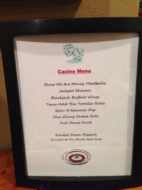 Casino night food menu Casino Birthday, Casino Night Food, Party Food Themes, Casino Party Foods, James D'arcy, Vegas Theme, Poker Party, Casino Decorations, Casino Royale Party