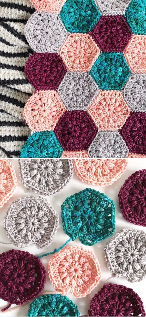 Amazing Hexagon Crochet Blankets – 1001 Patterns Crocheted Hexagons Granny Squares, Honeycomb Hexies Crochet, Granny Square Blanket Hexagon, Crochet Blanket Patterns Hexagon, Hex Crochet Blanket, Crochet Puff Stitch Hexagon Pattern, Granny Square Crochet Pattern Hexagon, Hexi Crochet Pattern, Hexie Crochet Blanket