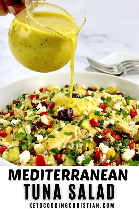 Loaded with fresh vegetables, feta and albacore, then tossed with a light and refreshing vinaigrette, this Mediterranean Tuna Salad is brimming with the most amazing robust flavors! #ketosalad #ketoseafood #healthysalad #lowcarbrecipes Tuna Salad Dressing, Salad Mediterranean, Mediterranean Tuna, Mediterranean Tuna Salad, What Is Healthy Food, Fresh Tuna, Tuna Salad Recipe, Mediterranean Salad, Lost 100 Pounds