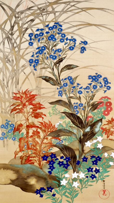 Kamisaka Sekka, 1866–1942. Autumn Flowers and Grasses. Meiji Period. Japanese hanging scroll. Rinpa School. Gitter-Yelen collection. Rinpa School, Kamisaka Sekka, Japanese Art Styles, Asian Painting, Meiji Period, Autumn Flowers, Japon Illustration, Eastern Art, Plant Painting