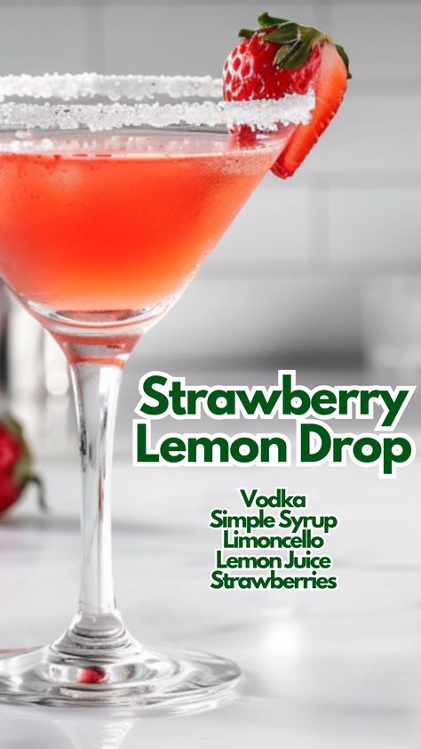 This Strawberry Lemon Drop Cocktail bursts with the fresh flavors of strawberries and the zing of lemon. Muddling fresh strawberries adds a natural sweetness, balanced perfectly by the tangy lemon juice and the smoothness of limoncello. #strawberrylemondrop via @mybartender Strawberry Lemon Drop, Cocktail Cards, Lemon Drop Cocktail, Summer Vodka Cocktails, Strawberry Cocktails, Pretty Alcoholic Drinks, Gentlemens Guide, Strawberry Vodka, Lemon Drop Martini