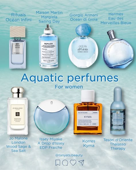 🌊 Fresh aquatic and oceanic perfumes for women ⬇️ ▫️ Rituals Océan Infini — such a gorgeous, refreshing oceanic scent with some musk. It’s not expensive too. ▫️ Maison Martin Margiela Sailing Day — one of the best oceanic scents I’ve ever tried, smells very clean and fresh. ▫️ Giorgio Armani Ocean di Gioia — a complex aquatic scent with green notes and juicy pear. I like their Acqua di Gioia too. Everyone seems to like these) ▫️ Hermès Eau des Merveilles Bleue — fresh and quite cold sc... Maison Margiela Sailing Day, Ocean Scent Perfume, Fresh Parfum For Women, Aquatic Perfume For Women, Clean Smelling Perfume For Women, Fresh Clean Perfume For Women, How To Smell Fresh All Day, Smell Like Ocean, Clean Perfume Scents