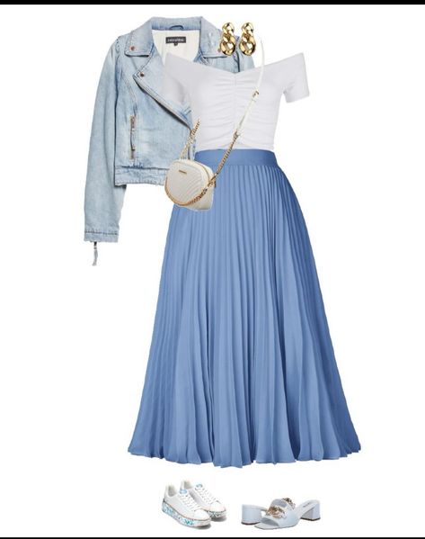 Light Blue Skirt Outfit Ideas, Light Blue Pleated Skirt Outfit, Light Blue Shoes Outfit, Blue Skirt Outfit, Blue Skirt Outfits, Informal Attire, Blue Pleated Skirt, Chique Outfit, Skirt Inspiration