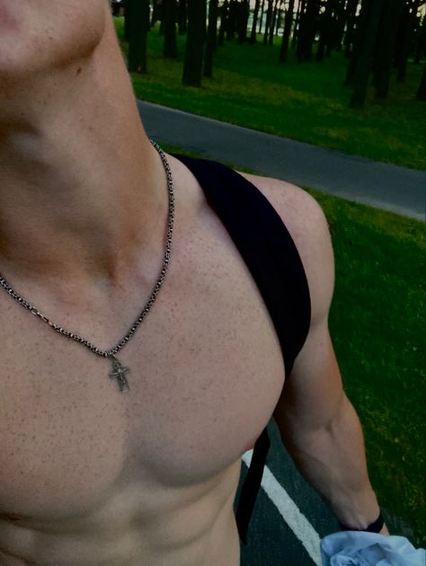 Men With Chains Aesthetic, Male Chest Aesthetic, Buff Man Aesthetic, Muscly Guy Aesthetic, Men’s Necklace Aesthetic, Mens Necklace Aesthetic, Men Necklace Aesthetic, Cross Necklace Aesthetic, Chains Aesthetic