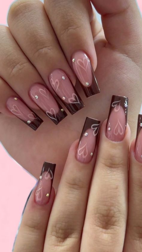 🩷🤎 Pink And Brown Gel Nails, Brown And Pink Valentines Nails, Brown And Pink Nails Acrylic, Brown And Pink Nails Design, Brown And Pink Nails, Pink And Brown Nails, Brown And Pink, Pink Nail Designs, Pink And Brown