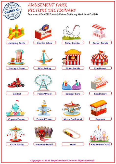 Want to learn Amusement Park words? Here are 40 different best printable English worksheets and exercises for Amusement Park vocabulary. Enter now and start learning easily Free Printable Preschool Worksheets, Word Tracing, Fair Rides, Writing Practice Worksheets, Esl Vocabulary, Picture Dictionary, Printable Preschool Worksheets, Activities Worksheet, Park Pictures