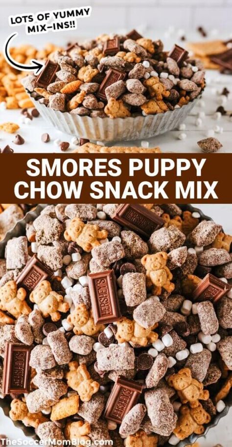 S'mores Puppy Chow Puppy Chow Snack, Cracker Flavors, Puppy Chow Chex Mix Recipe, Chex Mix Puppy Chow, Puppy Chow Recipes, Trail Mix Recipes, Chex Mix Recipes, Chocolate Marshmallow, Mix Recipes