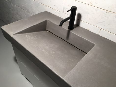 Concrete Bathroom Ramp Sink | broe design : broe design Concrete Ramp Sink, Concrete Ramp, Ramp Sink, Concrete Bathroom, Concrete Countertops, Powder Room, Bathroom Sink, Kitchen Sink, Drain