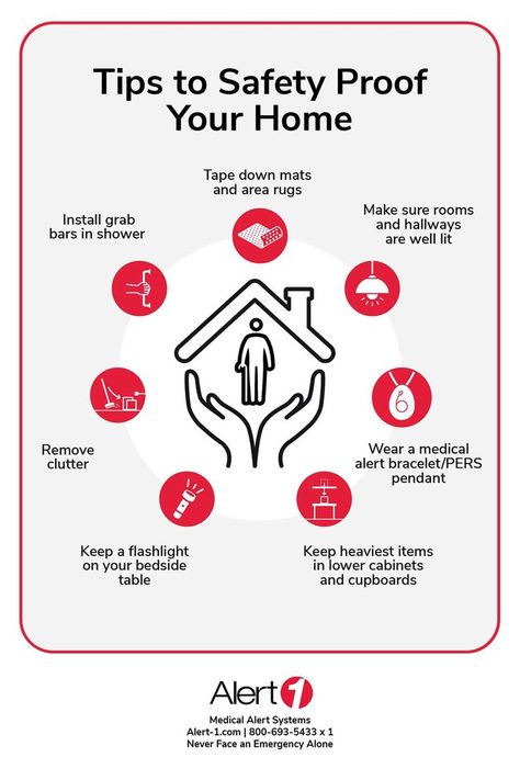 Tips to Safety Proof Your Home infographic. Home Safety Tips, Fall Risk, Remove Clutter, Aging In Place, Medical Alert, Home Safety, Safety Tips, Caregiver, Rug Making