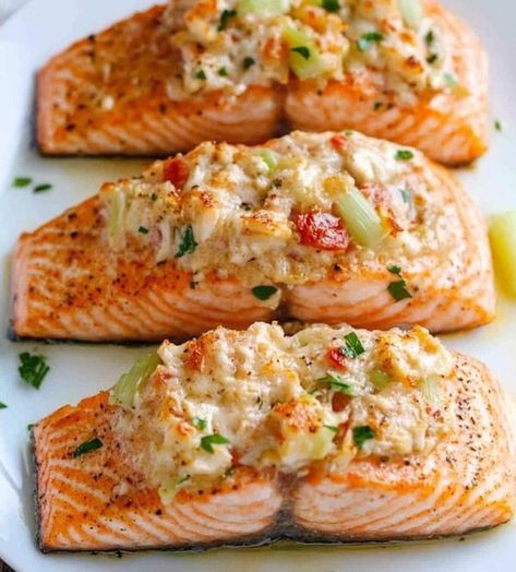 Air Fryer Recipes for Beginners | Crab Stuffed Salmon Crab Stuffed Salmon With Cream Sauce, Crab Stuffing For Fish, Crab Topped Salmon, Stuffed Fish With Crabmeat, Crab Stuffing For Salmon, Stuffed Salmon With Crab Meat, Orange Cranberry Loaf, Crab Stuffed Salmon, Salmon Recipes Oven