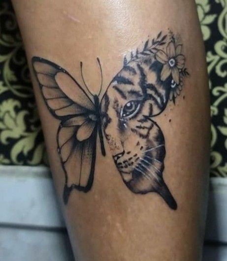 Tiger Butterfly Tattoo For Women, Butterfly Tiger Tattoo Designs, Butterfly With Tiger Face Tattoo, Tiger Face Butterfly Tattoo, Tiger Eyes Butterfly Tattoo, Butterfly With Lion Face Tattoo, Cheetah Butterfly Tattoo, Butterfly Lion Tattoo, Lion And Butterfly Tattoo