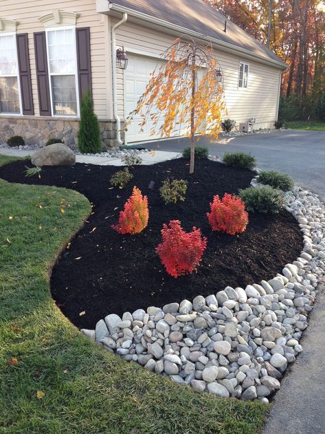 Mulch And Flowers Front Yards, River Rocks And Mulch Landscaping, Landscape Ideas Mulch And Rock, Mulch Stone Landscaping, Black Mulch And River Rock Landscaping, Rocks Around Mulch Bed, Rocks And Mulch Landscaping Front Yards, Front Yard Landscaping Mulch, Rock Mulch Flower Beds