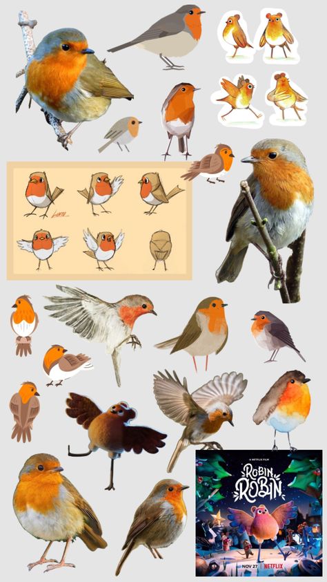 European Robin Tattoo, Robin Illustration Bird, Robin Reference, Robin Collage, Sketbook Ideas, Robin Bird Illustration, Robin Cartoon, Bird Animation, Robin Illustration