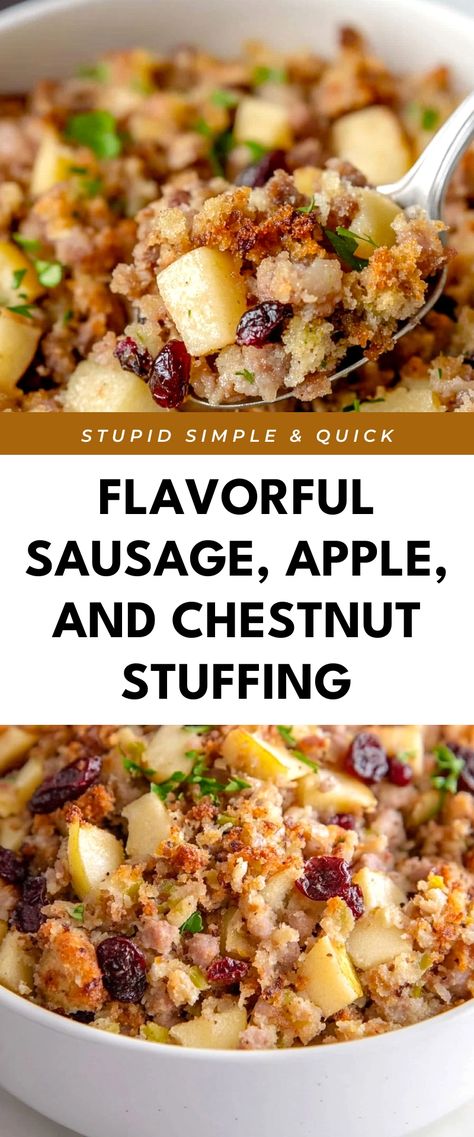 Image for Flavorful Sausage, Apple, and Chestnut Stuffing Pancetta Chestnut Stuffing, Chestnut Stuffing Recipes, Xmas Food Ideas, Sausage Stuffing Recipe, Chestnut Stuffing, Chestnut Recipes, Holiday Party Food, Cozy Dinners, Best Sausage