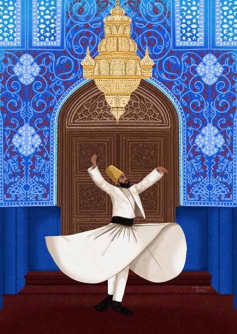 Whirling Dervish in a beautiful area with islamic designs around. Sufi Night Invite, Whirling Dervish Painting, Dervish Art, Sufi Night, Sufi Art, Pakistani Music, Amer Fort, Modern Indian Art, Whirling Dervish