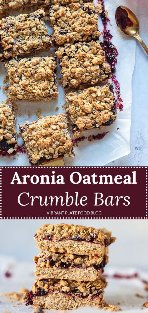 These Aronia Oatmeal Crumble Bars are an easy on-the-go Vegan breakfast or dessert with a delicious aronia filling #vegan #bars #crumblebars #crumble #recipe #aronia #healthy Aronia Berry Recipes, Oatmeal Crumble Bars, Aronia Berry, Vegan Bars, Oatmeal Crumble, Oatmeal Healthy, Aronia Berries, Crumble Bars, Breakfast Delicious