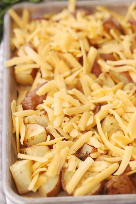 Our Cheesy Bacon Ranch Potatoes are made with red potatoes that have been tossed in ranch dressing mix, oven-roasted and smothered in gooey cheddar cheese and bacon bits.  Talk about a side dish that the whole family will love! #potatoes #Sidedish #cheesy Ranch Potato Recipes, Cheesy Ranch Potatoes, Roasting Garlic In Oven, Best Baked Potato, Bacon Ranch Potatoes, Homemade Ranch Seasoning, Cheesy Ranch, Parmesan Roasted Potatoes, Ranch Potatoes