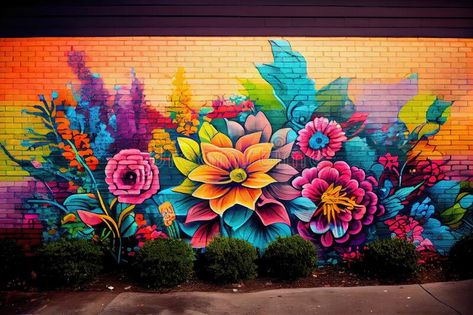 Urban graffiti art featuring mural of vibrant flower garden stock image Graffiti Art Flowers, Jungle Graffiti, Garden Graffiti, Car Graffiti, Graffiti Flowers, Mural Inspiration, Fence Art, Urban Graffiti, Sweet Art