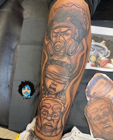 See Hear Speak No Evil Tattoo Ideas, Unique Arm Sleeve Tattoos, Hear No Evil See No Evil Speak No Evil Tattoo, Tattoo Sketches Unique Men, See No Evil Speak No Evil Tattoo, Black Excellence Tattoo, Unique Half Sleeve Tattoos Men, Boondocks Tattoo Designs, Black Culture Tattoos