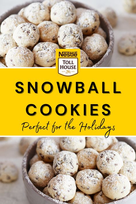 These Mini Chip Snowball Cookies are a holiday favorite! The round ball-like shape and powder sugar dusting just screams holiday cheer! Packed with our Nestle Toll House Semi-Sweet Mini Morsels, these cookies are sure to make you come back for more again and again. Get the recipe on our website. Nestle Snowball Cookies, Mini Chip Snowball Cookies, Snowball Cookies Chocolate Chip, Nestle Toll House Recipes, Chocolate Chip Snowballs Recipe, Snowball Cookies With Chocolate Chips, Snowball Chocolate Chip Cookies, Mini Chip Cookies, No Bake Snowball Cookies