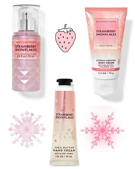 Strawberry Snowflake Bath And Body Works, Strawberry Snowflakes Perfume, Strawberry Snowflake, Strawberry Snowflakes, Strawberry Whipped Cream, Shea Butter Hand Cream, Bath And Body Works Perfume, Scent Notes, Perfume Set