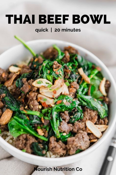 Try this easy 20 minute Thai beef bowl recipe. It’s one of my favorite Thai inspired recipes, and it’s the best way to enjoy sautéed spinach if it’s starting to wilt. #thairecipe #buddhabowl #ricebowl Ground Beef And Spinach, Beef Bowl Recipe, Brown Rice Cooking, Spinach Healthy, Beef Bowl, Garlic Beef, Thai Beef, Beef Bowls, Brown Rice Recipes