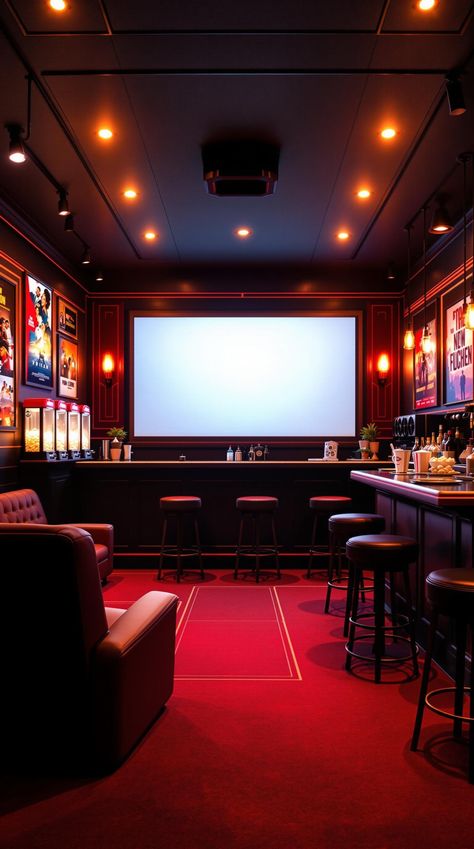 Basements Bar Man Cave Cinema Room, Movie Room House, Basement Karaoke Stage, Home Theatre Snack Bar, Movie Room In Basement, Snack Bar In Bedroom, Theater Snack Bar Ideas, Party Basement Ideas, Home Theater Snack Bar Ideas