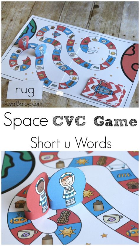 Outer Space Games For Preschool, Short U Activities, Space Cvc Words, Space Themed Math Activities, Astronaut Games, Space Memory Game, Space Board Game, Space Games For Kids, Cvc Games