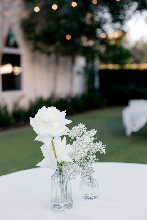 Bud Vases On Cocktail Tables, Cocktail Table Flower Arrangements, White Bud Vases Wedding, Wedding Picture Display At Reception, Bud Vases Round Table Wedding, Wedding Cocktail Table Decor, Cocktail Table Flowers, Wedding Picture Display, Cocktail Reception Decor