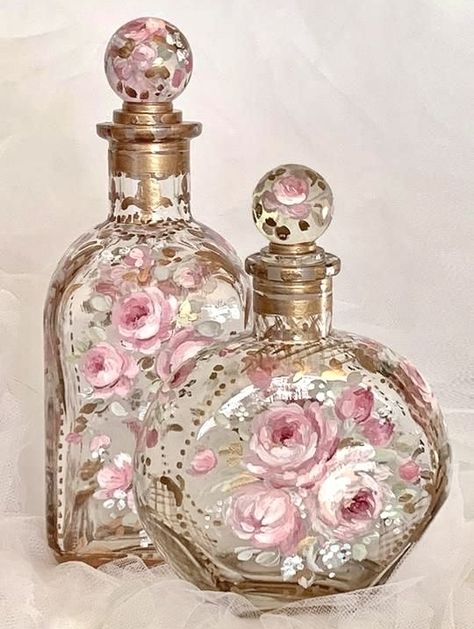 Debi Coules, Rustic Artwork, Painted Glass Bottles, Pretty Perfume Bottles, Beautiful Perfume, Antique Perfume, Vintage Bottles, Galvanized Metal, Painted Glass