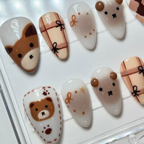 I love the brown colors in this set 🐻🥹 - - - #pressonnails #nailart #nails #laredo #texas Cute Cow Nail Designs, Brown Bear Nails, Bear Nails Designs, Bear Nail Design, Cute Bear Nails, Japanese Inspired Nails, Brown Nails Aesthetic, Cute Brown Nails, Teddy Bear Nail Art