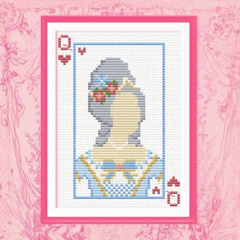 Queen of Hearts Marie Antoinette Cross Stitch Pattern Digital PDF - Rococo, Versailles, French, Coquette, Baroque, Historical, Playing Cards  Fabric: 14 count Aida Colours: 11 DMC colours Stitches: 53 x 73 stitches Approx size: 3.75 in x 5.25 in    ✨👑 🎀 A beginner friendly ode to Queen Marie Antoinette, the last Queen of France 🎀👑✨  Purchase includes :  * Pattern with coloured symbol chart as a PDF file. * Pattern with black and white symbol chart as a PDF file. Marie Antoinette Cross Stitch, Rococo Versailles, French Coquette, Queen Marie Antoinette, Queen Of France, White Symbol, Cross Stitch Ideas, Stitch Ideas, Queen Of Hearts