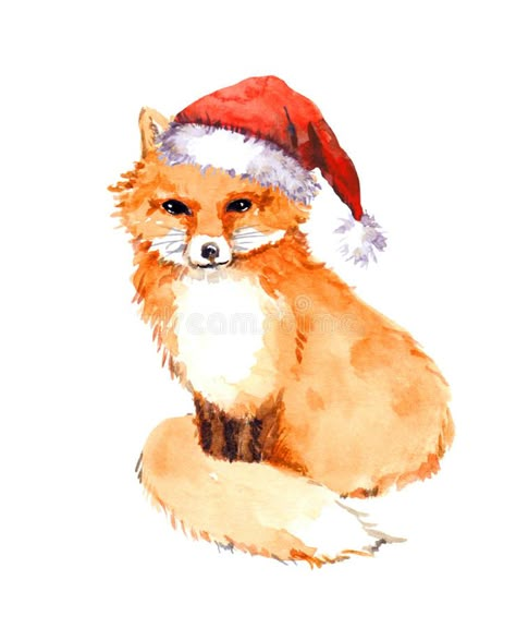 Christmas Fox Drawing, Dog Watercolor Painting, Red Santa Hat, Fox Christmas, Fox Drawing, Fox Painting, Fox Illustration, Watercolor Christmas Cards, Pet Fox