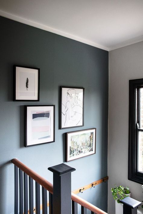 Farrow & Ball De Nimes hallway Farrow And Ball Hallway, Simple Gallery Wall, Hallway Paint, Oval Room Blue, Hallway Colours, Hallway Inspiration, Loft Stairs, Hallway Designs, Farrow And Ball