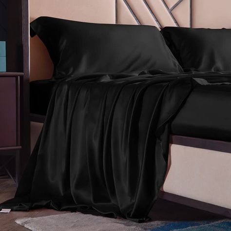 Silk Sheet Set 4 Pcs, 19 Momme 100% Top Grade Natural Mulberry Silk Bed Sheets, Luxury Bedding Sets -Ultra Soft Durable, 1 Fitted Sheet, 1 Flat Sheet and 2 Pillow Shams (Cal. King, Black) Silk Sheet Set, Silk Bed Sheets, Silk Bed, Most Comfortable Bed, Silk Duvet Cover, Silk Bedding Set, Bed Black, Silk Sheets, Luxurious Bed