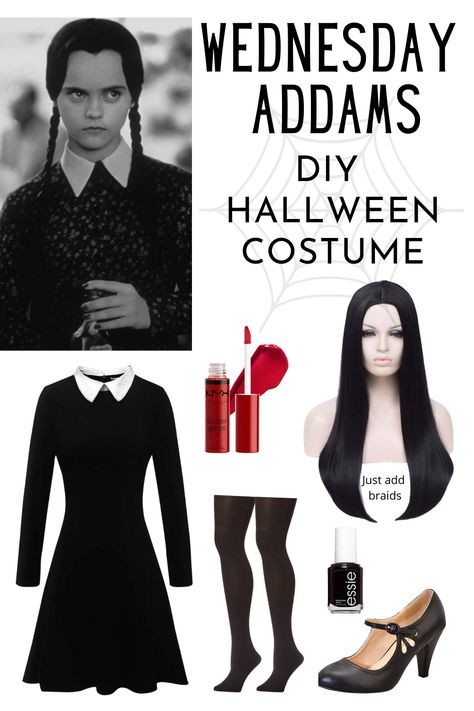 How to easily throw together a great Wednesday Addams Halloween costume. From her black dress with white collar to her signature braids, we've found all the things you need to make this costume happen. Wednesday Addams Halloween Costume Women, Black And White Costume Ideas, Wednesday Costumes Women, Halloween Costumes With A Black Dress, Diy Wednesday Addams Costume, Wednesday Halloween Costume, Halloween Costumes With Black Dress, Halloween Costumes Black, Easy Adult Costumes