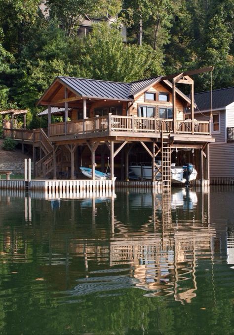 This would be awesome Boathouse Design, House On The Water, Lakefront Living, Rustic Exterior, Lakefront Property, Lake Cabins, Waterfront Property, Building Permits, Boat Dock