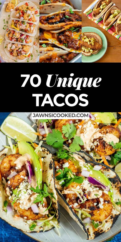 Looking for a taco recipe the whole family can enjoy, or easy weeknight dinner? These 70 unique tacos recipes have you covered! Yummy Taco Recipes, Unique Tacos Recipes, Fresh Taco Recipes, Crazy Taco Ideas, Fancy Tacos Recipes, Gourmet Tacos Recipes, Unique Taco Ideas, Summer Taco Recipes, Fun Taco Recipes