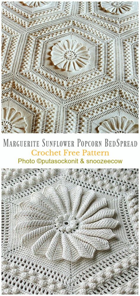 Marguerite Sunflower Popcorn BedSpread Crochet Free Pattern - #Hexagon; Blankets Free #Crochet; Patterns Crotchet Rug, Crochet Bed Sheet, Bedspread Crochet, Knitting Needle Conversion Chart, Crochet Bedsheets, Knitted Teddy Bear, Easy Knitting Projects, Crochet Bedspread Pattern, Crochet Throw Blanket