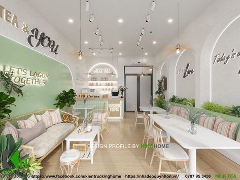 Nutrition Clinic Design, Sage Green Bakery Interior, Cafe Interior Colour Combination, Boba Shop Interior Design, Coffee Shop Green Design, Mint Green Cafe Interior, Matcha Cafe Interior, Small Coffee Shop Ideas, Small Milktea Shop Counter Design