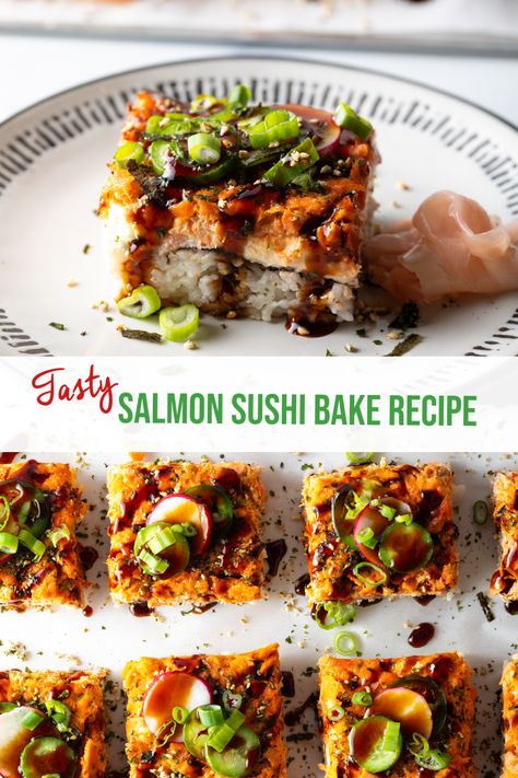 Salmon Baked In Oven Sushi, Baked Sushi Rice Recipe, Sushi Bake Salmon, Salmon Baked Sushi, Salmon Sushi Bake Recipe, Salmon Sushi Bake, Sushi Bake Recipe, Baked Sushi, Traditional Sushi