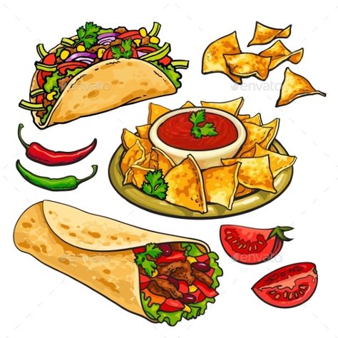 Set of traditional Mexican food burrito, taco, nachos and chili salsa sauce, sketch style vector illustration on white background Mexican Food Illustration, Nachos Drawing, Taco Sketch, Nachos Illustration, Burrito Drawing, Burrito Illustration, Apple Food Art, Taco Illustration, Taco Nachos