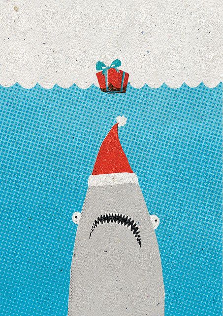 Jaws - Shark Christmas card by Luka Va. www.surfingsloth.com.au Shark illustration. Shark Christmas, Shark Illustration, Illustration Christmas, Handmade Christmas Crafts, Noel Diy, Christmas Card Art, Christmas Illustrations, Beach Christmas, Coastal Christmas